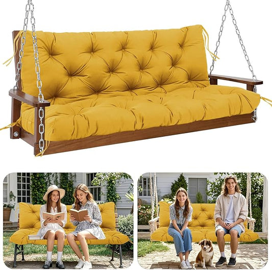 Premium 5" Thick Waterproof Outdoor Swing Cushions Sturdy Durable 2 Seat Replacement Porch Swing Cushions with Backrest&Ties Bench Cushion for Outdoor Furniture Backyard Patio (Yellow)
