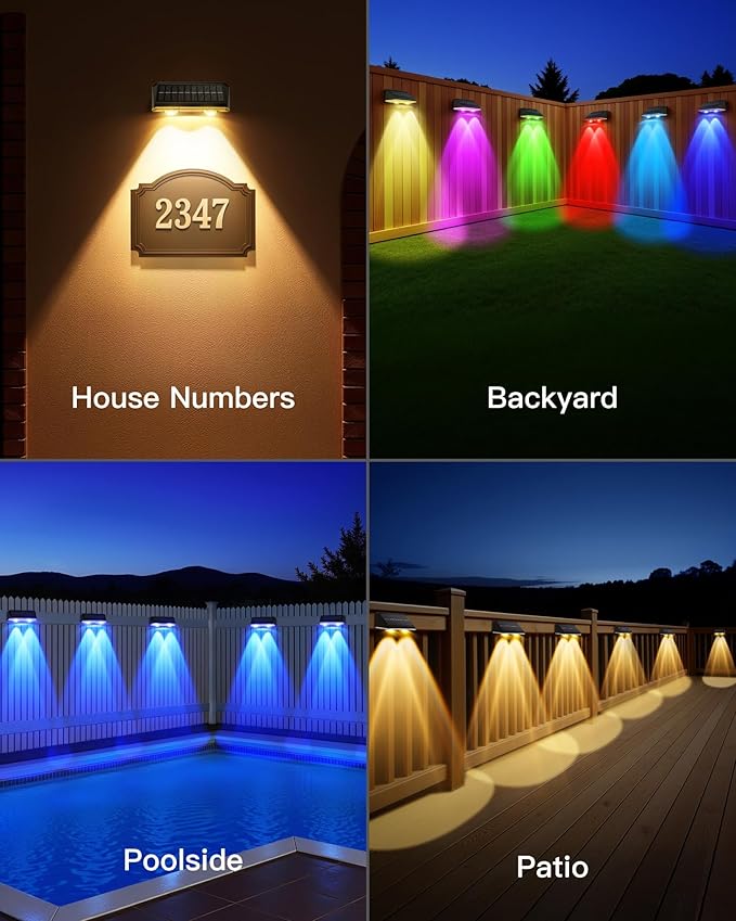KEILAIMO Solar Fence Lights Outdoor, 6 Pack IP65 Waterproof Fence Lights Solar Powered with Ultra-Bright LED Lens, 9 Color Modes, 12+ Hours Steady Glow for Deck/Backyard/Patio/Pool/Wall - Black