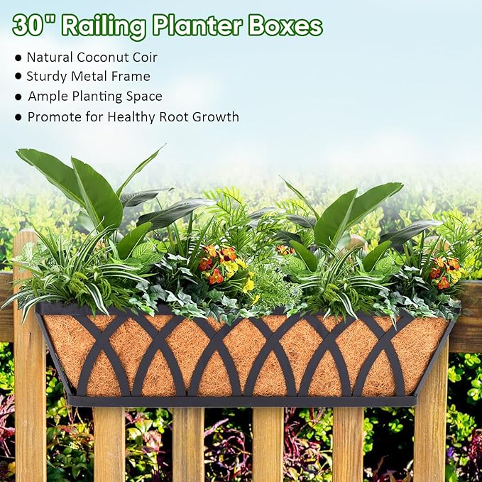 LCHUANG Deck Railing Planter Window Box - 2 Pack 30 Inch Deck Balcony Rail Planter with Coconut Coir Liner, Fence Metal Hanging Flower Planter Basket Deck Railing Planter Boxes for Outdoor Lawn