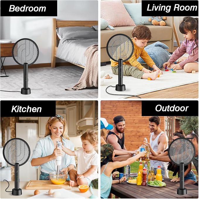 Bug Zapper Racket, 2 in 1 Mode Fly Swatter USB Rechargeable, 4000V Electric Fly Zapper with 3 Layer Safety Mesh，Electric Racket for Kitchen, Home, Garden and Outdoors