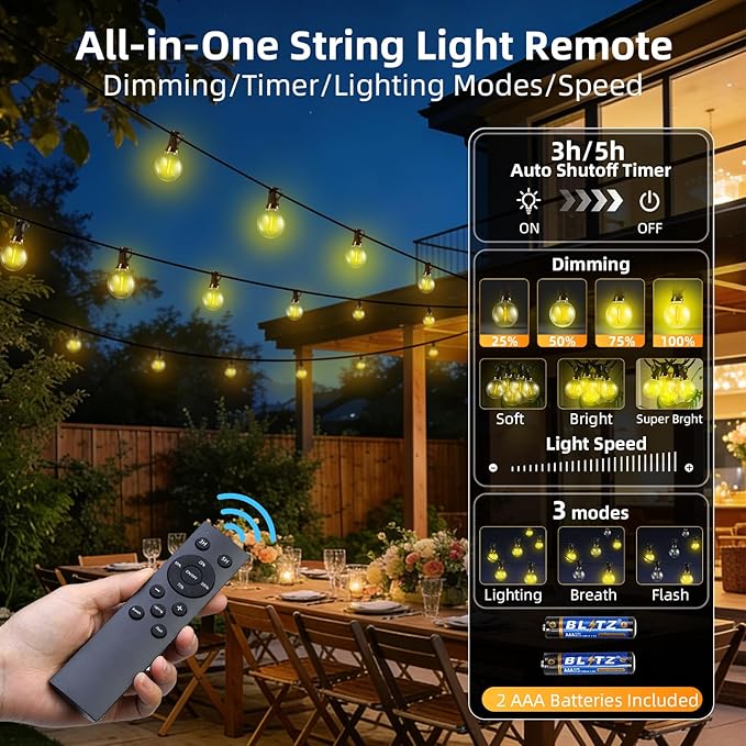 50FT Solar Lights Outdoor Waterproof: G40 15M Shatterproof Bulbs Patio Lights - Solar Powered Remote Control 3 Light Modes Dimmable Solar Light - Camping Backyard Garden Deck Outside Yard