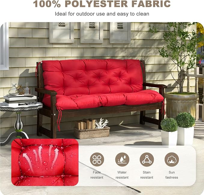 Porch Swing Cushion with Backrest,Waterproof Bench Cushion for Outdoor Furniture,2-3 Seater Replacement Thickened Swing Cushion with Ties,Patio,Outdoor,Backyard and Garden (Red,60x40)