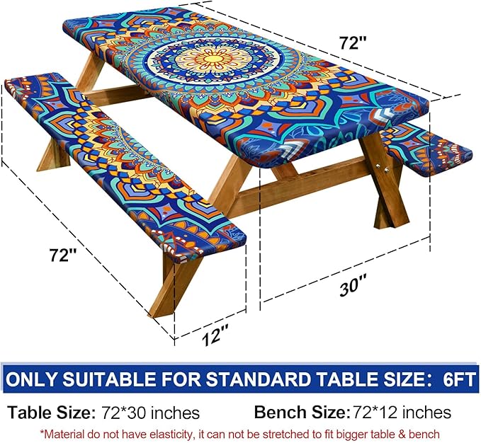 Picnic Table Cover with Bench Covers Camping Essentials Waterproof Windproof Camping Tablecloth with Drawstring Bag, Fitted Rectangle Tables and Seats, 72in, Yellow Blue Orange