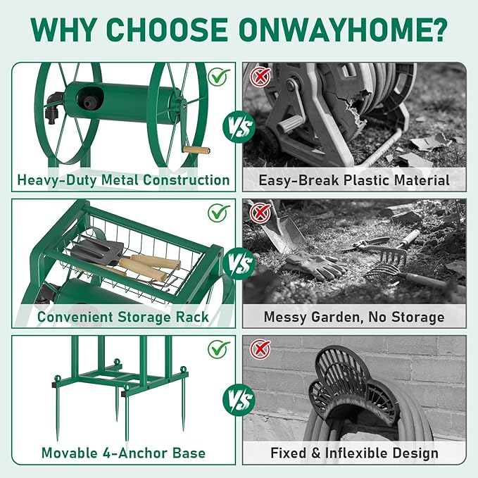 Garden Hose Reel Stand with Storage Rack - 125ft 5/8" Water Hose Organizer Holder, 4 Ground Spikes & Hooks, Universal Water Hose Adapter, Detachable Metal Frame, Green