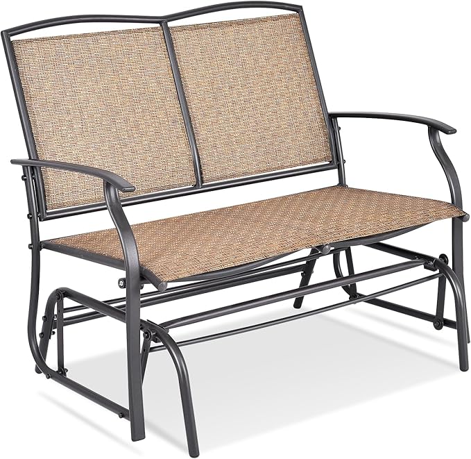 Giantex Patio Glider Bench, 400 Lbs Capacity, Steel Frame, Brown, Outdoor Swing Chair, 2-Person Loveseat, Back Support, Ergonomic Design, Superior Fabric, Natural Style