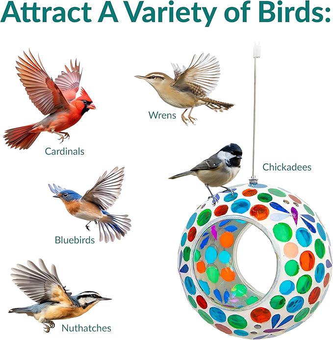 Sunnydaze 6-Inch Glass Mosaic Hanging Bird Feeder for Outdoors - Fly-Through Glass Bird Feeder for Cardinals, Jays, Finches and More - Dragonfly Dreams