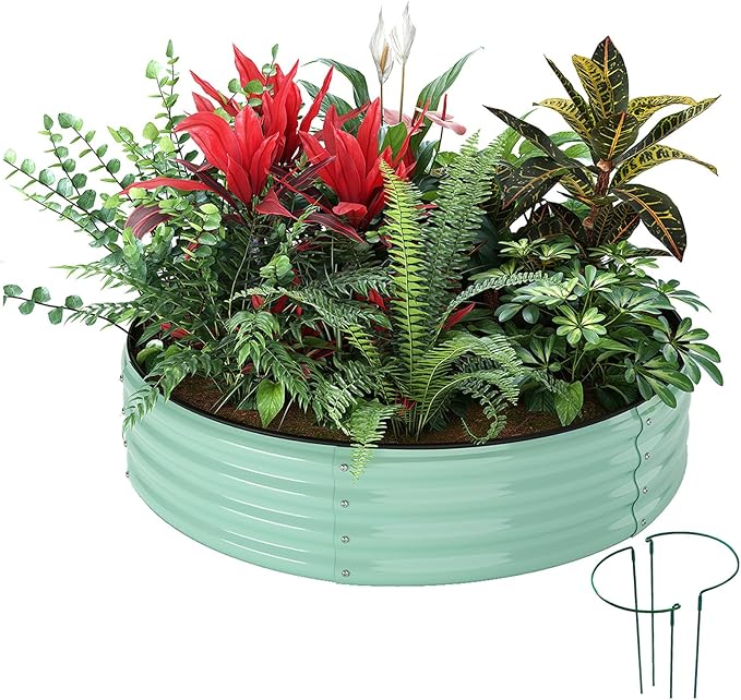 ZFHgarden Galvanized Metal Planter Round Raised Garden Bed Kit for Gardening Outdoor，2x2x1ft Grow Garden Box Raised Flower Bed，Round Galvanized Planter Outdoor Metal Fire Pit Ring Green