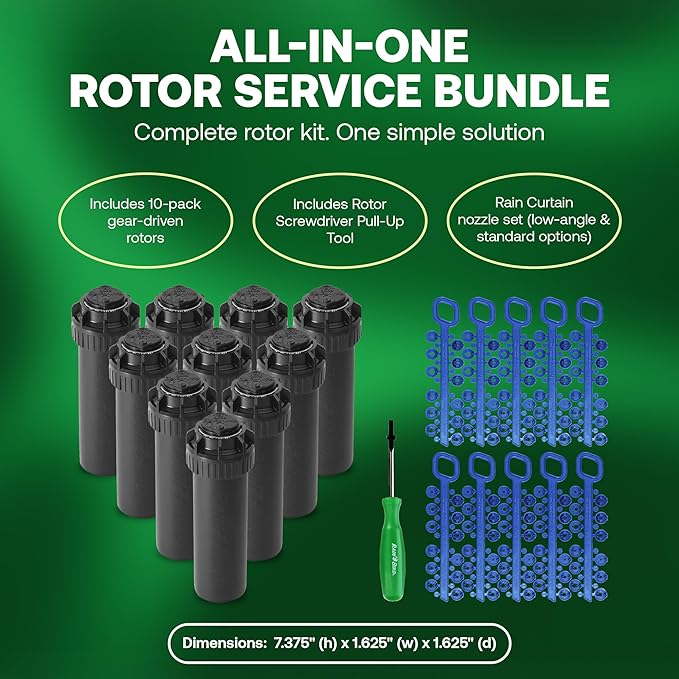 Rain Bird 5000 Rotor with Nozzle Tree 10 Pack (5000RCTREE) + Rotor Screwdriver Tool (CPRTOOL) - 3/4 inch Inlet for Water Efficient 4 inch Pop Up, Adjustable 40 - 360 Degree Arc & 25 - 50 ft Radius