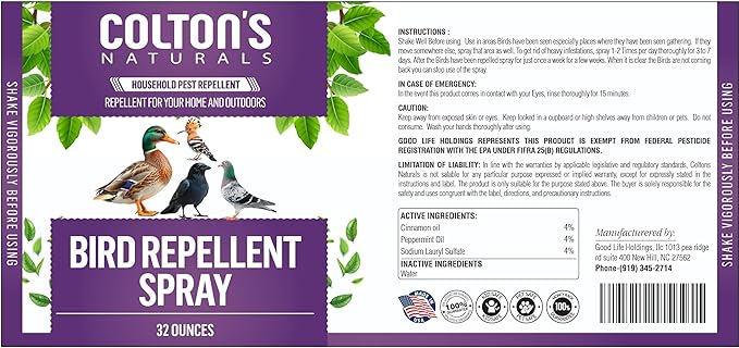 Bird Repellent Spray (32 OZ) Deter Birds from Outdoor Surfaces, Garden Areas Deterrent Natural Woodpecker, Pigeon and More Natural