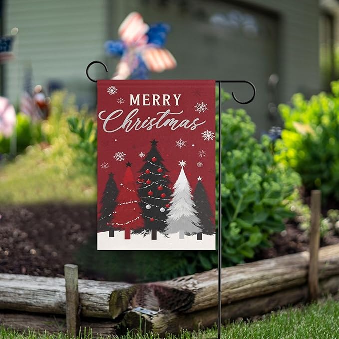 Merry Christmas Tree Red House Flag 28x40 Inch Double Sided Outside Winter Silver Snowflake Xmas Bells Seasonal Yard Outdoor Flag Banner for Garden Lawn Patio Holiday Decorations