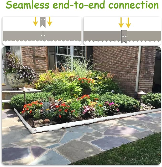 A ANLEOLIFE 20FT Galvanized Steel Landscape Edging, 6-Pack 40" L x 6" H Hammer-in Metal Garden Border with 10 Stakes for Lawn, Pathway, Flower Beds – White