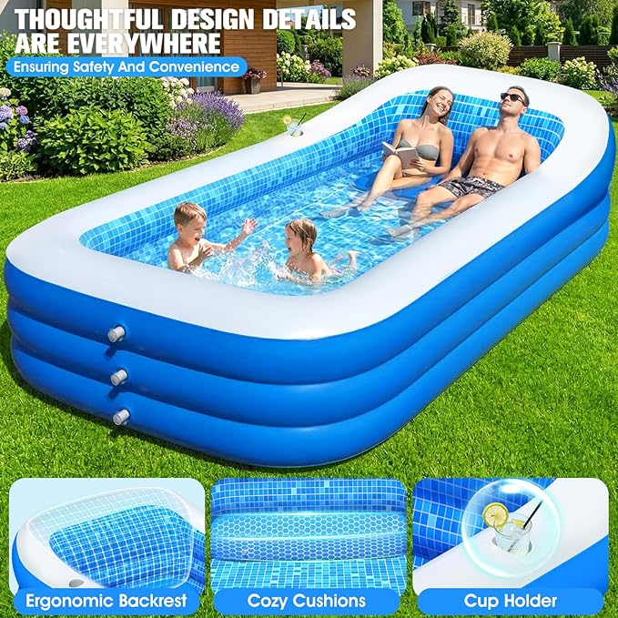 2026 Inflatable Pool with Canopy,Upgraded Blow Up Pool for Adults&Kids,Large Inflatable Pool with Seat and Big Backrest,Kiddie Pool with Shade,Kid Swimming Pool for Backyard 110"x63"x20"Blue