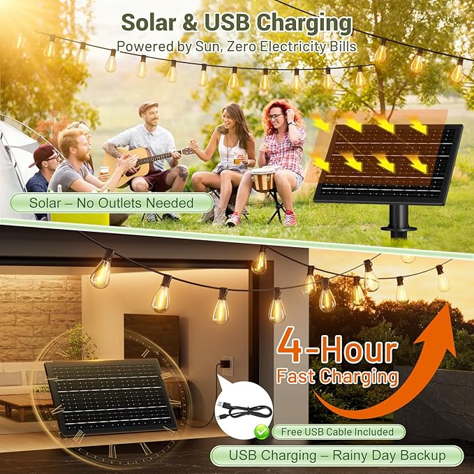 29FT Solar String Lights Outdoor Waterproof 10+1 LED Bulbs, Solar Powered with Remote & USB Port, 3 Light Modes Dimmable Patio Lights for Large Backyard, Garden, Party