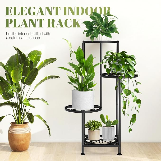 4 Tier Plant Stand Indoor Outdoor, Metal Flower Shelf Display Holder, Multiple Plants Corner Tall Flower Holders for Patio Balcony Porch Garden Living Room (Leaf Black)