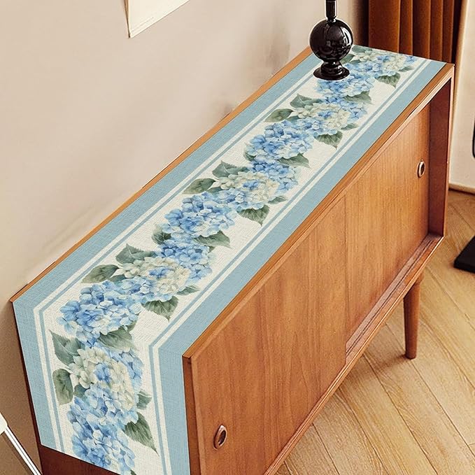 Blue Hydrangea Table Runner, Rustic Country Watercolor Floral Spring Summer Seasonal Flower Butterfly Farmhouse Table Center Decor for Family Kitchen and Dining Party Table Decorations, 13"x108"