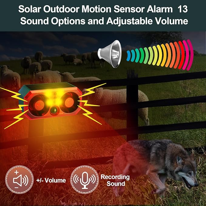 Qualirey 6 Pcs Solar Outdoor Motion Sensor Alarm Motion Sensor Animal Deterrent Dog Barking Alarm 13 Sound 130dB Loud Noise Maker 4 Mode with USB Remote Control Support Recording Volume Adjustment