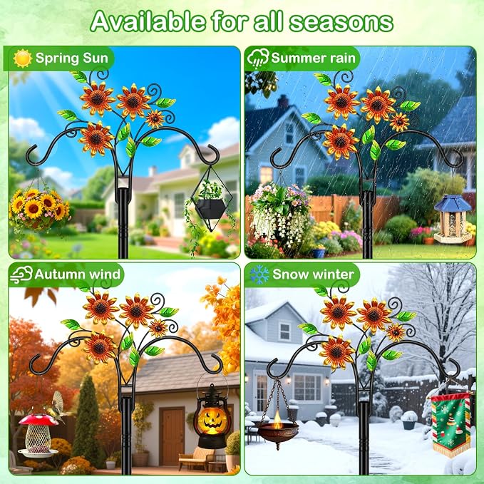 Double Shepherds Hooks for Outdoor, 1 Pack 78 Inch Bird Feeder Pole with 5 Prongs Base, Adjustable Heavy Duty Plant Hangers Sunflower Art for Outdoor Plants Hummingbird Feeder Hanging Basket Lantern