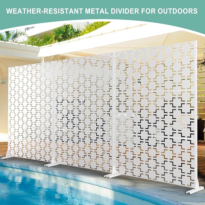 Metal Privacy Screen for Outdoor & Indoor Use, Free Standing Privacy Screen for Patio Garden Pool, 72" H x 47" W Decoative Privacy Panels, Weather Resistant, Easy Assembly (White Square)