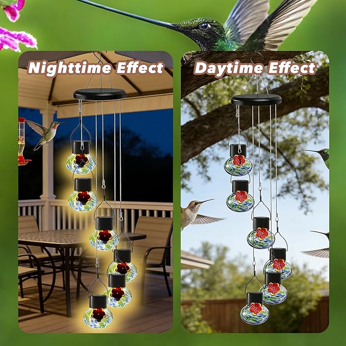 Solar-Powered Hummingbird Feeder with Wind Chime Elegance – 6 Leak-Proof Glass Ports, Frosted Design & Blue Green Night Lights – Perfect Outdoor Gift for Nature Enthusiasts