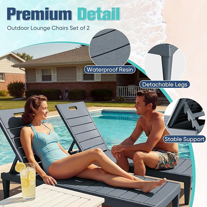 Devoko Outdoor Chaise Lounge Chair Set of 2 with 5-Position Adjustable Back, Waterproof & Lightweight PP Lounge Chairs for Outside Pool Patio (Light Grey)