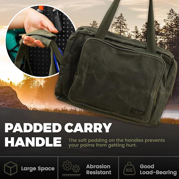 Tool Tote | Heavy Duty 16oz Waxed Canvas Tool Storage Bag - Portable 3 Pockets Tote Bag with Padded Handle& Metal Zipper, for Craftsman Gardener Carpenter Mechanic | 15.5"L x 7.5"W x 11.5"H
