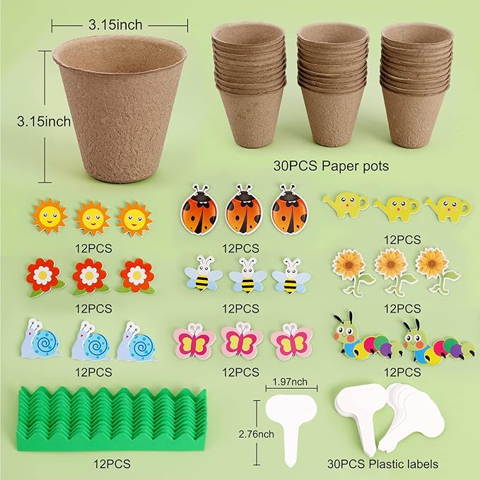 Ayfjovs Garden Paper Pot Craft Kit, 30 Pack Flower Growing Kit for Kids with 120 PCS Adhesive Foam Stickers and 30 PCS Plastic Plant Labels for Kids Science, Classroom Decoration, Mother's Day
