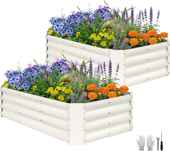 2 Pcs 4x2x1ft Galvanized Raised Garden Bed Outdoor, Metal Planter Boxes with Easy Assembly, Planter Raised Beds for Gardening, Flower, Plants, Vegetable, Herb - White