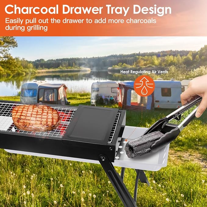 Foldable BBQ Grill, Small Charcoal Grill with Side Shelf Stainless Steel Net, Portable Tabletop Barbecue Grill for Camping Picnic Outdoor Party Garden (22 x 9 x12in)