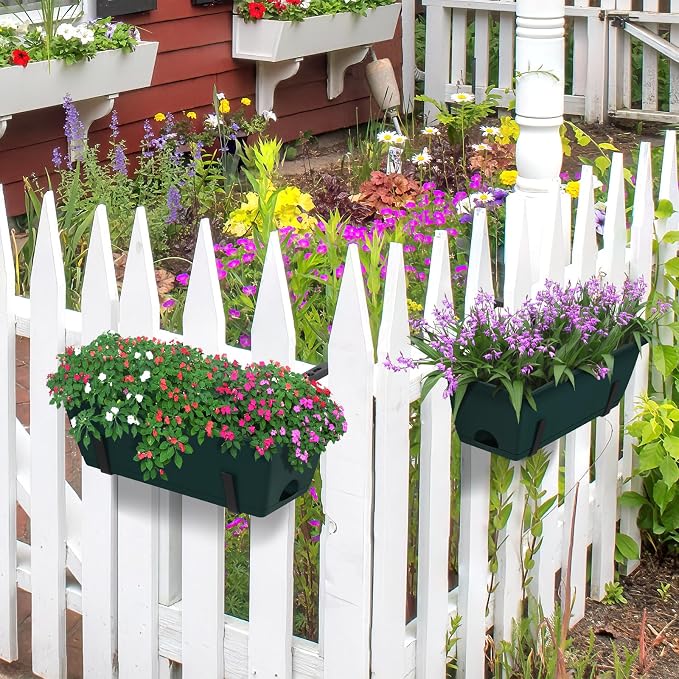 6 Pack Deck Railing Planter Boxes Outdoor Fence Planters with Drainage Holes, 17’’ Window Boxes Planters with Adjustable Metal Brackets for Garden, Balcony, Patio, Green