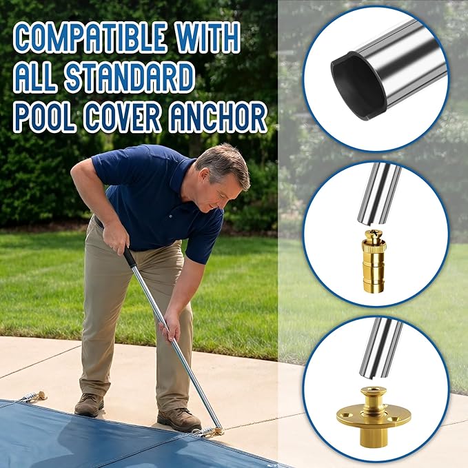 YUNVI Pool Cover Tool Set,30 1/2 inch Stainless Steel Pool Cover Rod with Hex Key,Swimming Pool Cover Installation and Removal Tool for Standard Pool Cover Anchors
