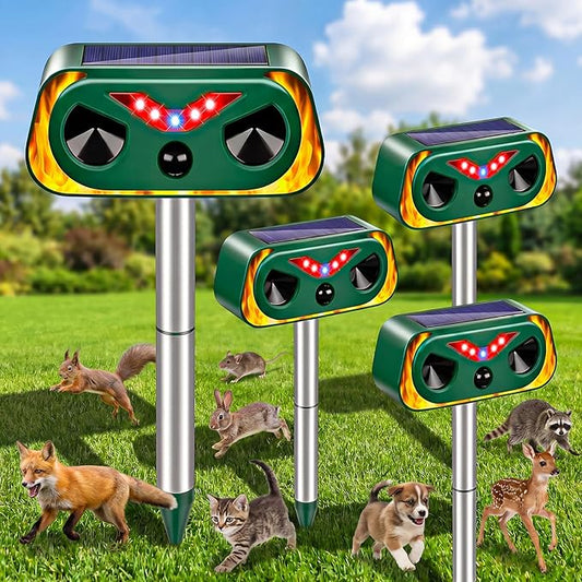 2026 Upgraded Solar Ultrasonic Animal Repellent Outdoor, Waterproof Deer Cat Dog Squirrel Raccoon Rabbit Deterrent with Motion Sensor & Flashing Light for Yard Garden Lawn Farm (4-Pack)