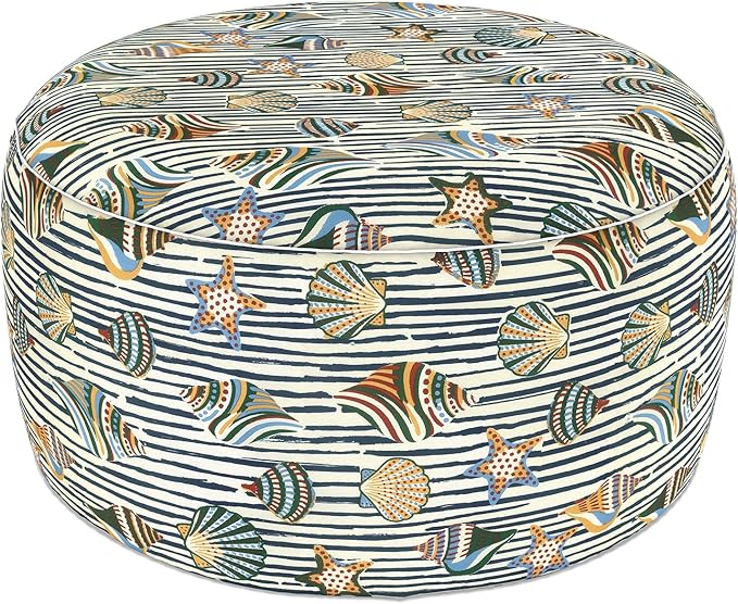 LVTXIII Indoor/Outdoor Large Inflatable Ottoman Pouf D31 x H14 Inch, Round Footstool with Handle, Weather-Resistant Portable Furniture for Patio, Camping, Beach, Cabana Shells