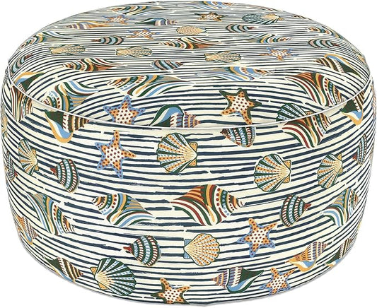 LVTXIII Indoor/Outdoor Large Inflatable Ottoman Pouf D31 x H14 Inch, Round Footstool with Handle, Weather-Resistant Portable Furniture for Patio, Camping, Beach, Cabana Shells