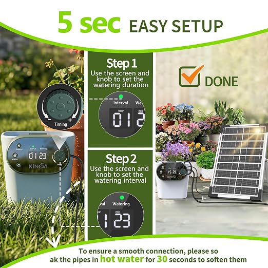 Solar Drip Irrigation System, 8W Powered Auto Watering Kit for 30 Pots, HD LED Display with 22 Timing Modes, Anti-Siphoning & IPX5 Waterproof, Suitable for Outdoor Garden, Balcony & Greenhouse