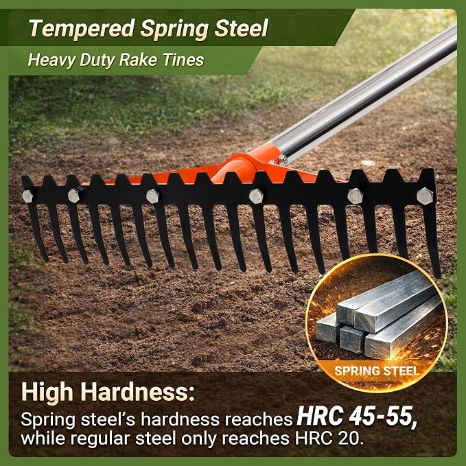 Garden Rake 17 Tempered Spring Steel Tines Heavy Duty Rake for Lawns Bow Rakes Metal Rakes with 62 Inch Stainless Steel Adjustable Long Handle for Loosening Soil Yard Work