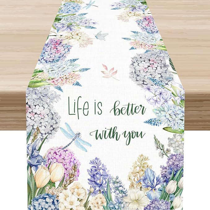 Blue Floral Table Runner, Rustic Country Watercolor Spring Summer Seasonal Hydrangea Flower Dragonfly Farmhouse Table Center Decor for Family Kitchen and Dining Party Table Decorations, 13"x108"