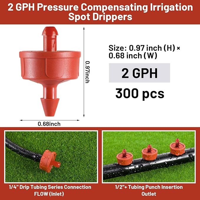 300 PCS 2 GPH Pressure Compensating Drip Irrigation Spot Dripper, Strong Flow Drip Irrigation Emitters Heads for Shrubs Small Trees, Irrigation Drippers Parts for Deep Root Outdoor Garden Irrigation