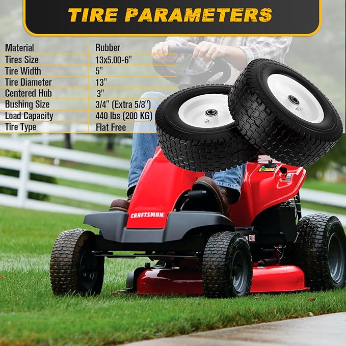 13x5.00-6 Flat Free Tire and Wheel with 3/4" & 5/8" Bearings – 2 Pack 13x5x6 Solid Rubber Lawn Mower Tires for Riding Lawn Mower Tires and Wheel with 3" Centered Hub