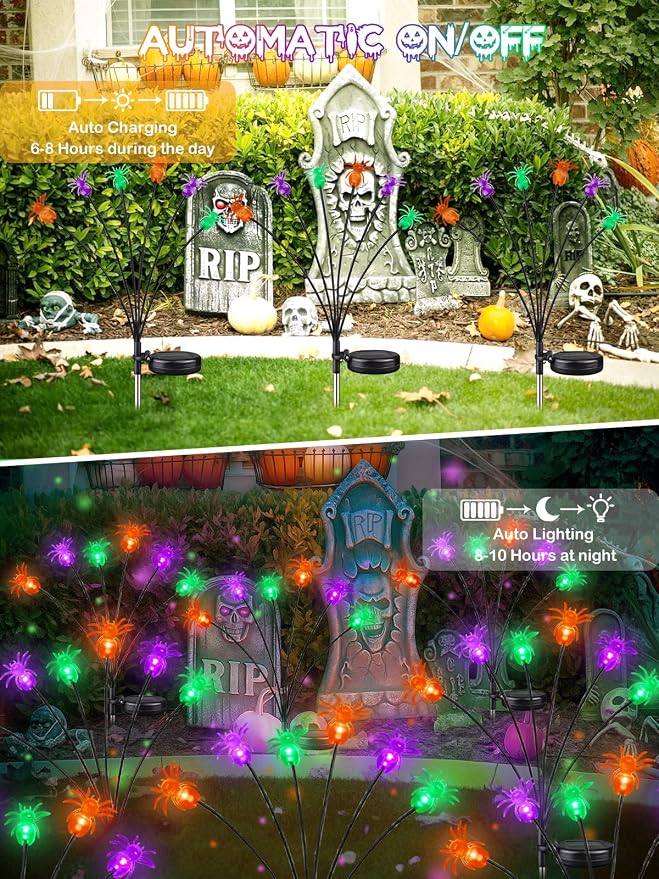 6 Pack Halloween Decorations Outdoor Solar Spider Garden Lights, Purple Orange and Green Scary Spider Swaying Firefly Lights with 2 Modes, Waterproof Halloween Pathway for Yard Garden Party Decor