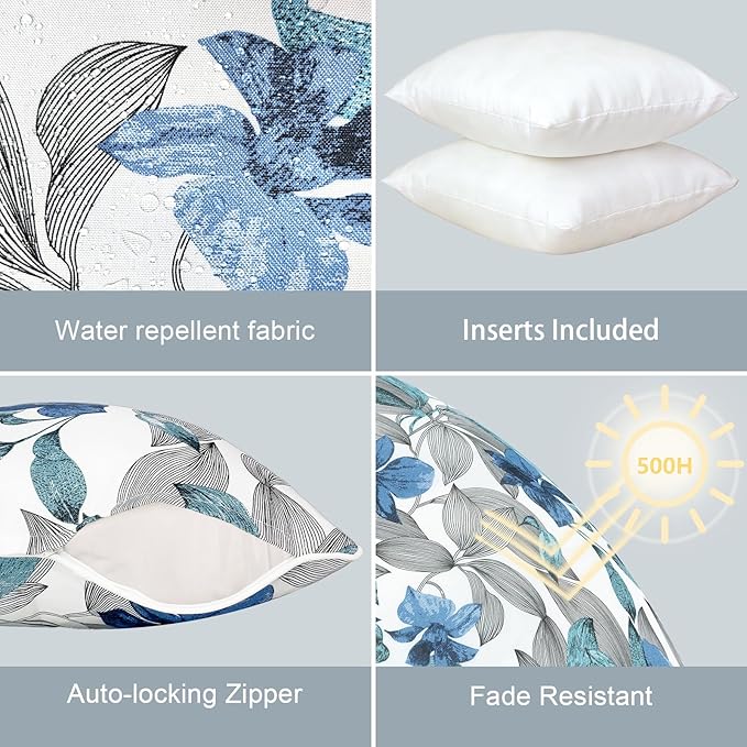 LVTXIII Outdoor Throw Pillows Set of 2, Patio Waterproof Pillows Fade Resistant Accent Pillows for Home and Garden Furniture Decoration, 16"x16", Clemens Noir Blue