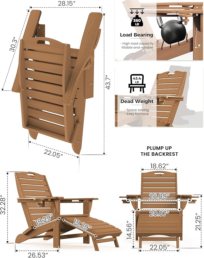 Ciokea Folding Adirondack Chair Set of 2 with Retractable Ottoman Fire Pit Patio Chair with Pull Out Foot Rest Weather Resistant Lawn Outdoor Chair with 2 Cup Holder (Teak)