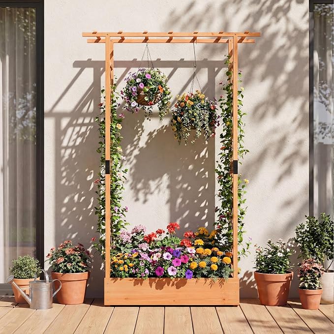 HAPPYGRILL 89" Raised Garden Bed with Trellis & Hanging Roof, Wooden Planter Box with 4 Drainage Holes, Outdoor Wood Elevated Garden Bed for Climbing Plants Vines Vegetables Flowers (Orange,1)