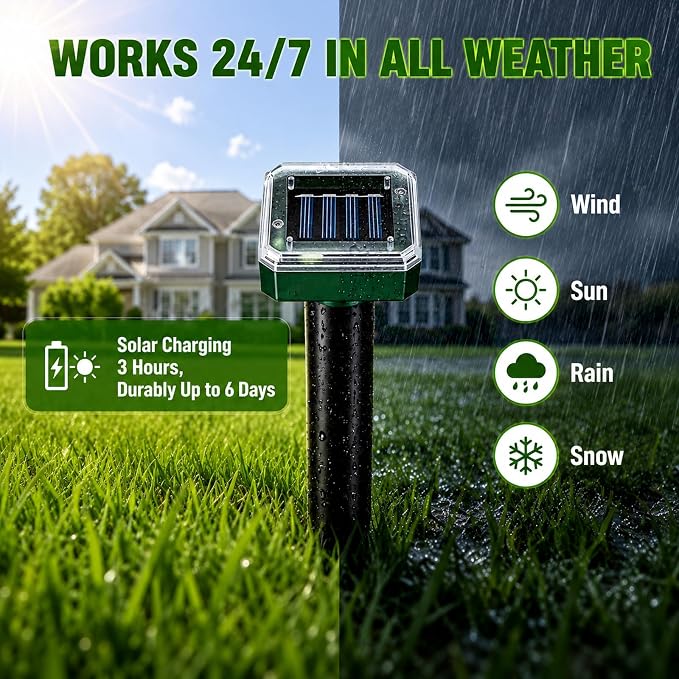 Ultrasonic Solar Mole Repeller – Long-Lasting Outdoor Rodent Deterrent for Yard Flower Beds Garage, Effectively Repels Moles Gophers Voles Shrews-10Pack