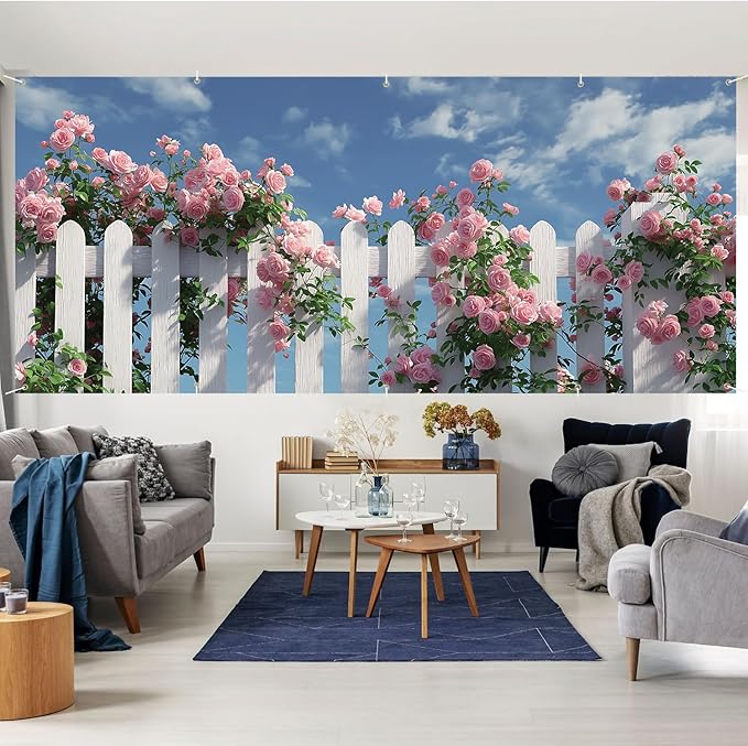 7 * 16FT Summer Garage Door Cover Decorations Sunset Palm Trees Garage Door Banner for Outdoor Indoor Summer Party Photography Backdrop (Rose garden fence, 7 * 16 ft)
