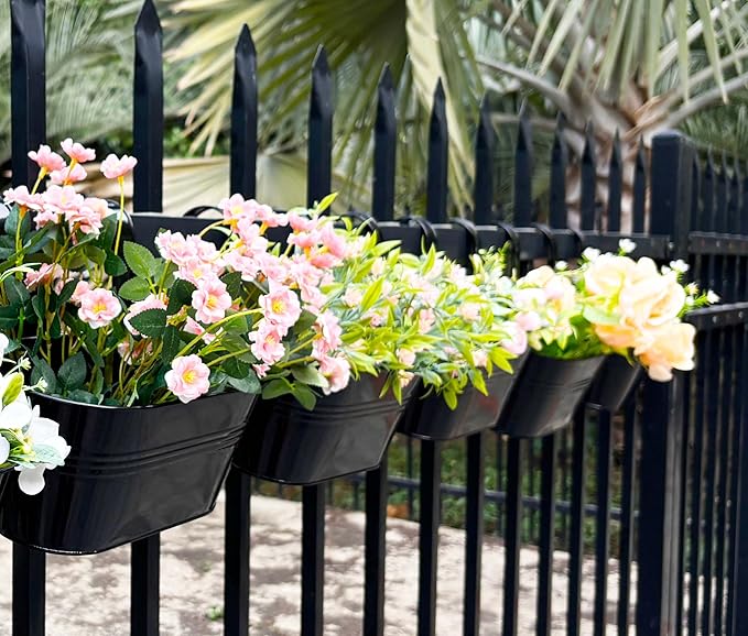 12" Balcony Railing Planters, Outdoor Hanging Planter for Fence, Stylish Metal Porch Deck Flower Pot for Herbs & Succulents (Black, Pack of 8)