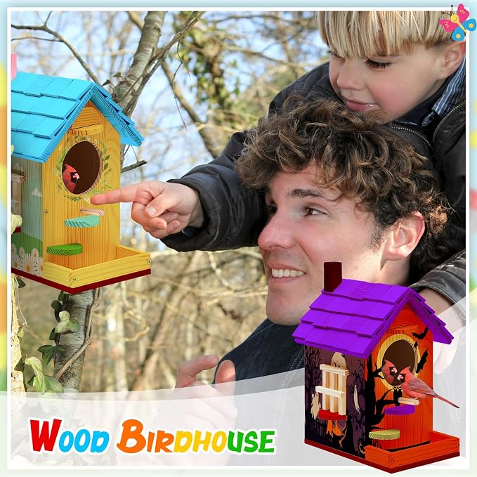Liliful 4 Pack Wooden Bird House Kits, Build It Yourself Woodworking Kit for Adult Kids 4-8, 8-12 with Paint and Paintbrushes, Solid Weather Proof Natural Pine Wood, Pre Drilled (Modern Style)
