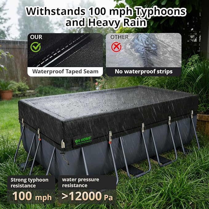 QH.HOME 550D 16x32 Ft Rectangular Pool Cover [Upgraded Tear Resistant & Quadruple Windpoof]wth Pre-Installed Winch and Rope,Pool Covers for Above Ground Pools Rectangle-Snug Fit&Waterproof Protection