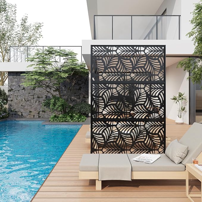 72" h × 47" w Outdoor Privacy Screen, Laser Cut Metal Garden Divider Panel with Tropical Leaf Design, Freestanding Weatherproof Privacy Fence for Patio Deck Backyard Balcony