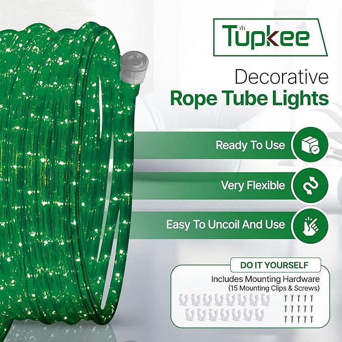 Tupkee LED Rope Light Green - for Indoor and Outdoor use, 24 Feet (7.3 m) - 10MM Diameter - 144 LED Long Life Bulbs Rope Tube Lights - Pack of 2