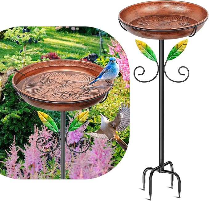 Metal Bird Bath for Outside Feeder Bowl, 38.8“ Detachable Birdbath & Birdfeeder with Hummingbird Flower Reliefs, Vintage Birds Baths for Outdoors Garden Yard Lawn Decor (Bird Retro Brown)